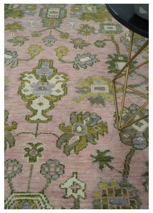 9x12 Hand Knotted Peach, Ivory and Olive Traditional Antique Style Wool Area Rug