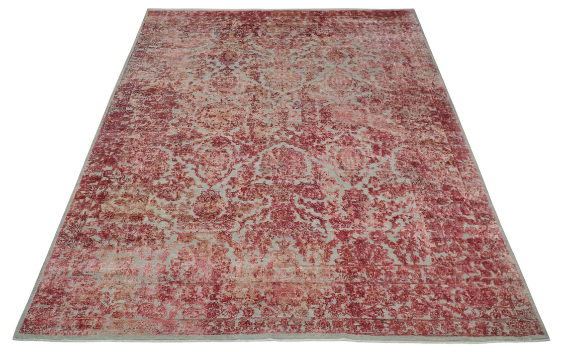 9x12 Hand Knotted Red and Pink Modern Carved Pattern Antique Wool and Silk Area Rug