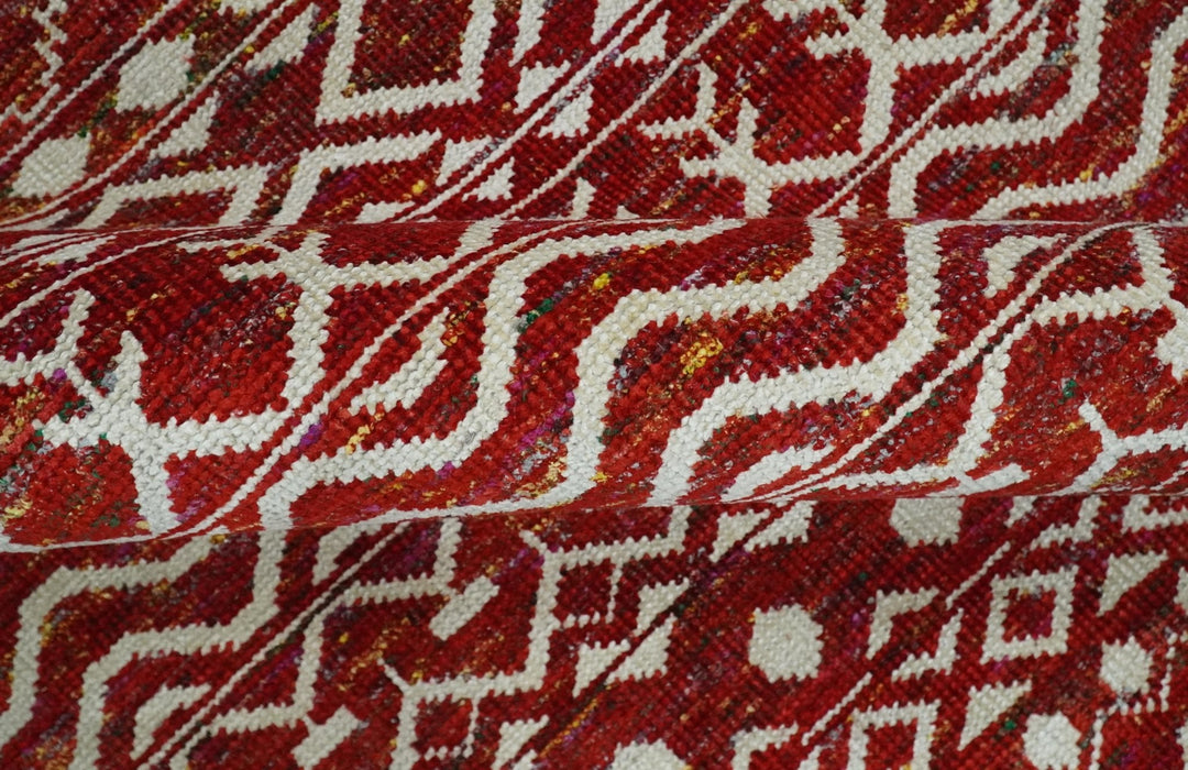9x12 Hand Knotted Maroon and White Modern Contemporary Southwestern Tribal Trellis Recycled Silk Area Rug