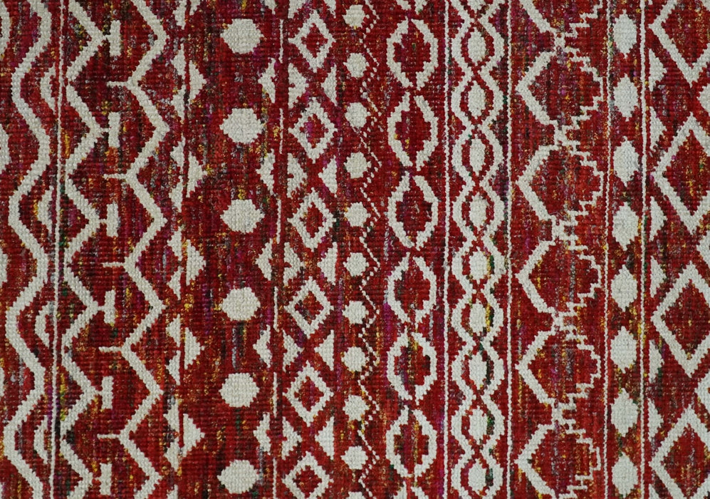 9x12 Hand Knotted Maroon and White Modern Contemporary Southwestern Tribal Trellis Recycled Silk Area Rug