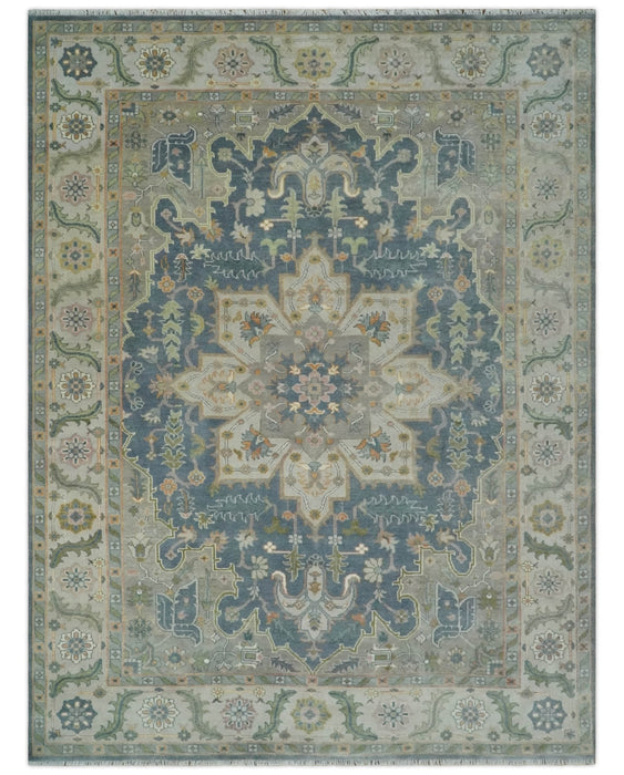 9x12 Hand Knotted Silver and Blue Traditional Heriz Serapi Antique Wool Rug, Living Room and Bedroom Rug