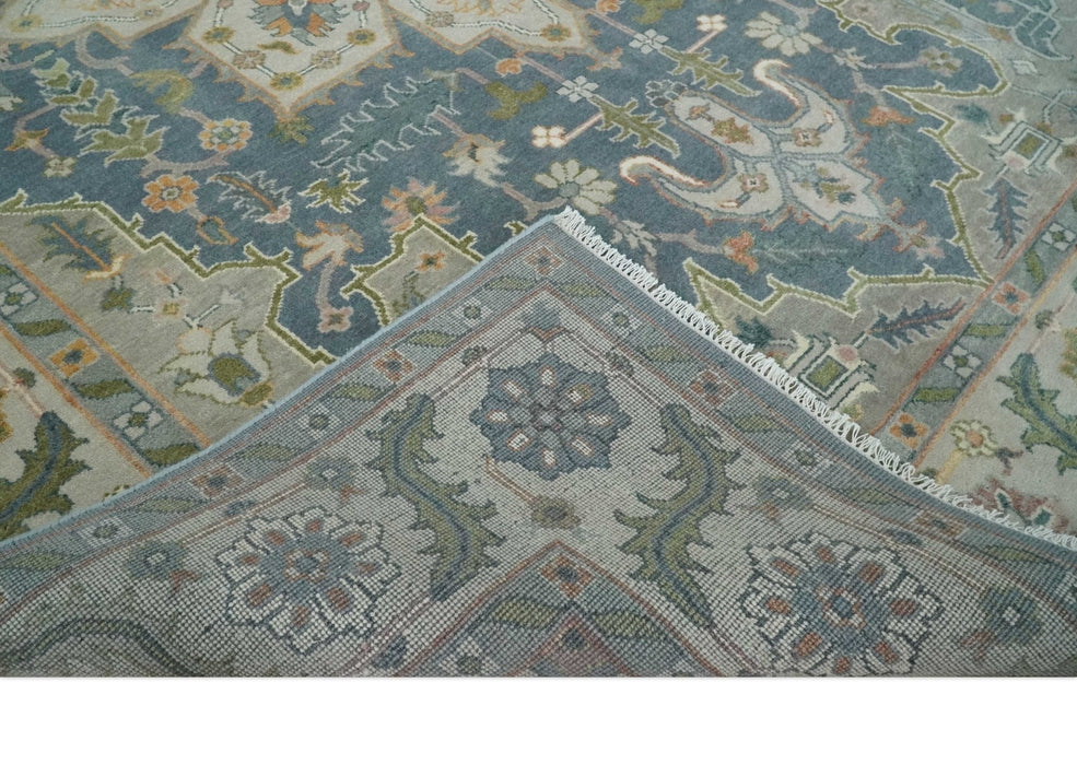 9x12 Hand Knotted Silver and Blue Traditional Heriz Serapi Antique Wool Rug, Living Room and Bedroom Rug