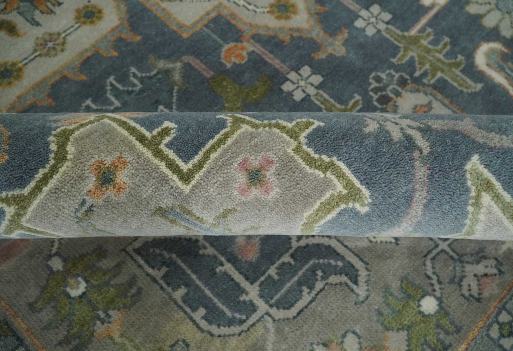 9x12 Hand Knotted Silver and Blue Traditional Heriz Serapi Antique Wool Rug, Living Room and Bedroom Rug