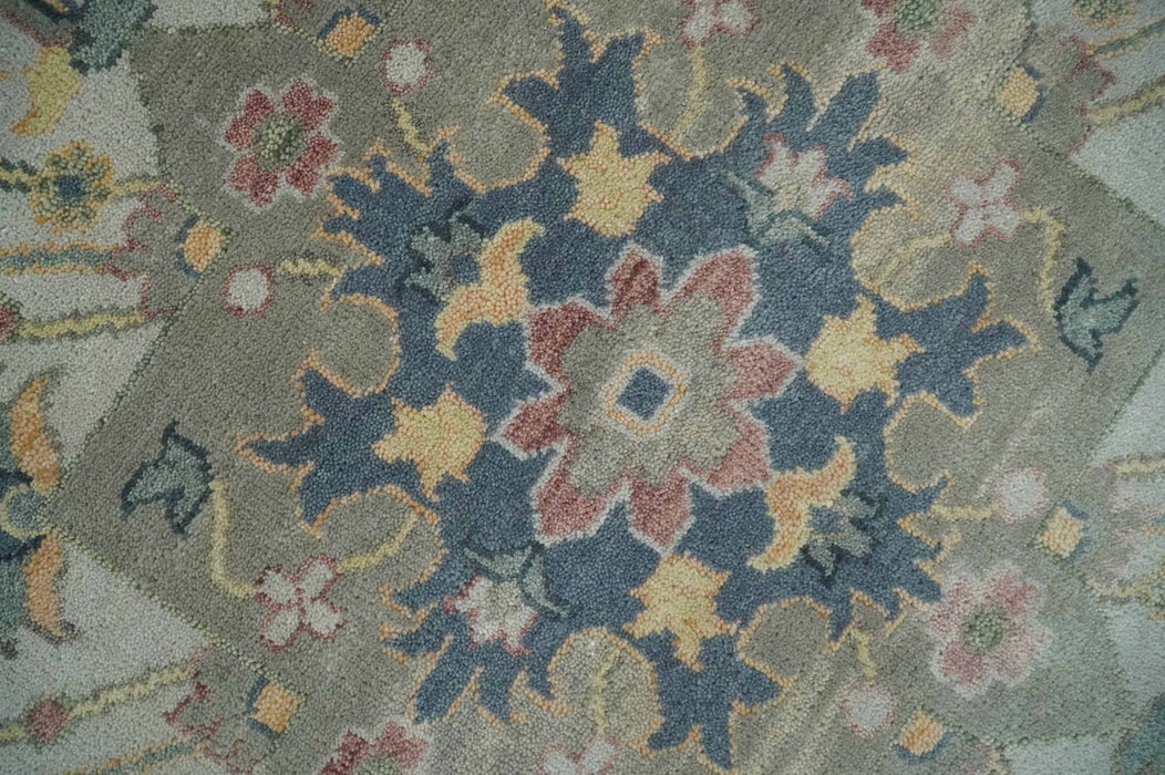 9x12 Medallion Hand Knotted Ivory, Teal and Olive Traditional Wool Area Rug