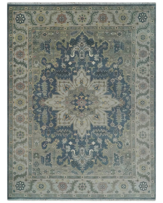 9x12 Medallion Hand Knotted Ivory, Teal and Olive Traditional Wool Area Rug