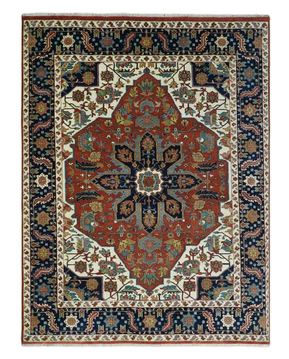 9x12 Premium Fine Hand Knotted Blue, Brown and Ivory Traditional wool Area Rug