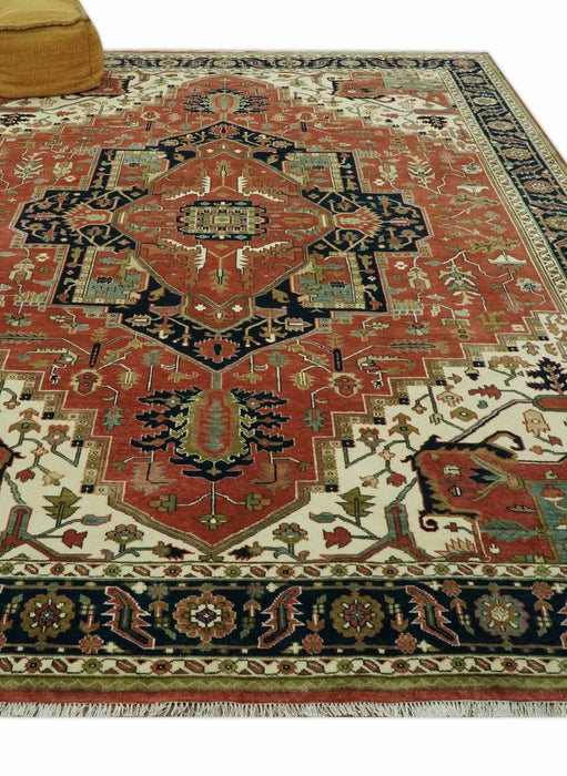 9x12 Rust, Ivory and Blue fine Hand Knotted Traditional Heriz wool area rug