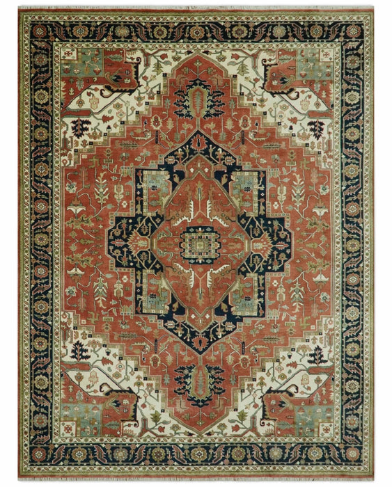 9x12 Rust, Ivory and Blue fine Hand Knotted Traditional Heriz wool area rug
