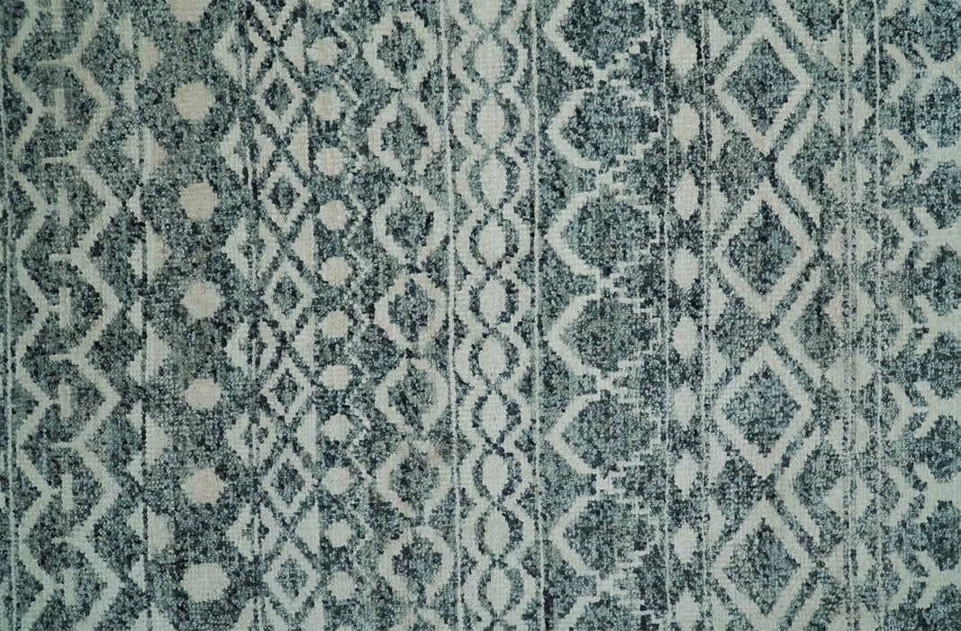 9x13 Hand Knotted Ivory and Teal Blue Modern Contemporary Southwestern Tribal Trellis Recycled Silk Area Rug | OP51