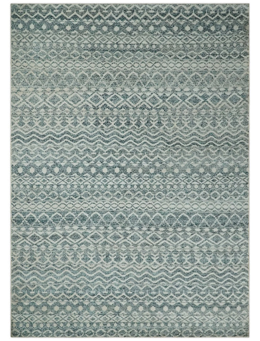 9x13 Hand Knotted Ivory and Teal Blue Modern Contemporary Southwestern Tribal Trellis Recycled Silk Area Rug | OP51