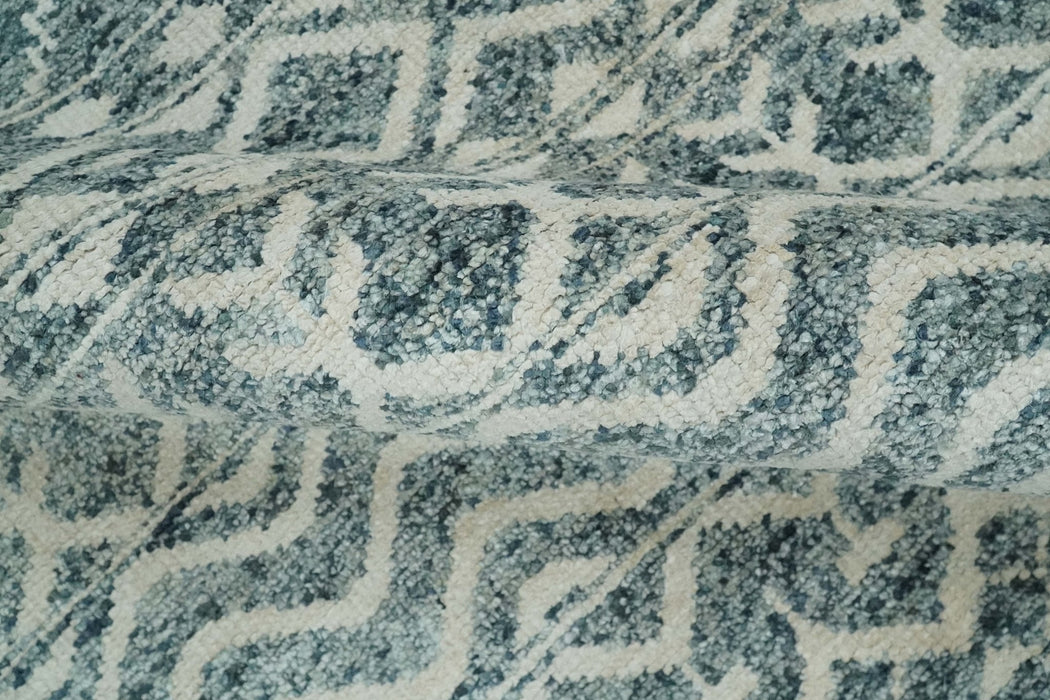 9x13 Hand Knotted Ivory and Teal Blue Modern Contemporary Southwestern Tribal Trellis Recycled Silk Area Rug | OP51