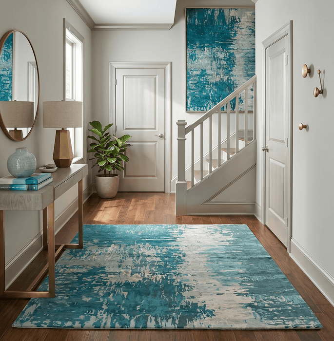 9x9 Square Teal and Beige Modern Abstract Handmade Wool and Art Silk Area Rug
