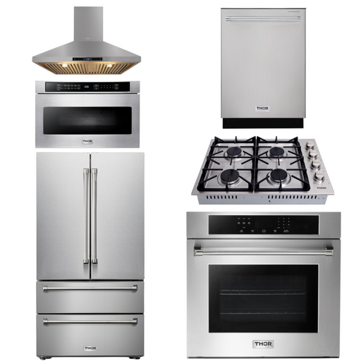 THOR Kitchen Package - 30" Wall Oven, Cooktop, Range Hood, Refrigerator, Dishwasher, Microwave, AP-HEW3001-DC-30-4