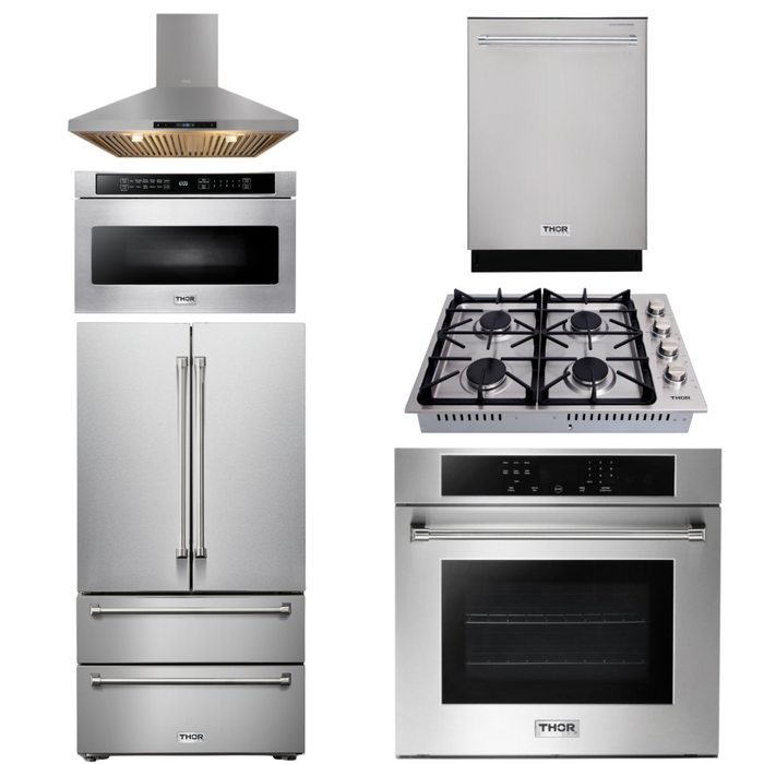THOR Kitchen Package - 30" Wall Oven, Cooktop, Range Hood, Refrigerator, Dishwasher, Microwave, AP-HEW3001-DC-30-4