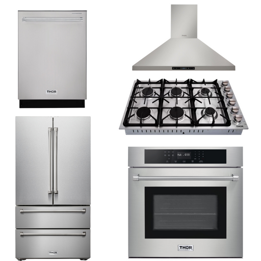 THOR Kitchen Package - 30" Wall Oven, 36" Cooktop, Range Hood, Refrigerator, Dishwasher, AP-HEW3001-DC-36-2