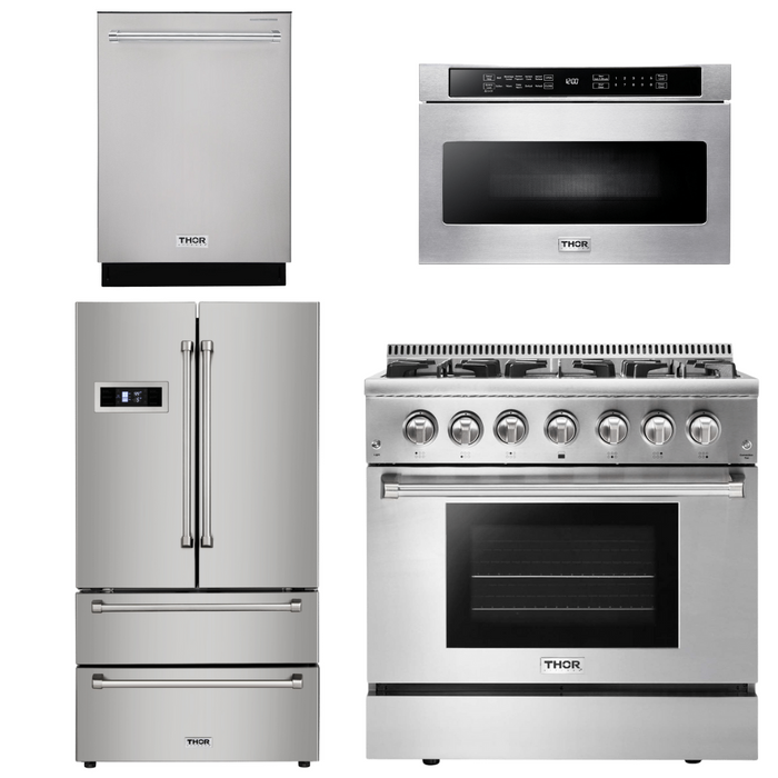 Thor Kitchen Package - 36" Propane Dual Fuel Range, Microwave, Refrigerator, Dishwasher, AP-HRD3606ULP-6