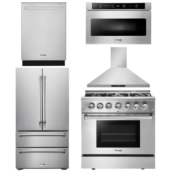 THOR Kitchen Package - 36" Propane Dual Fuel Range, Range Hood, Microwave, Refrigerator, Dishwasher, AP-HRD3606ULP-7