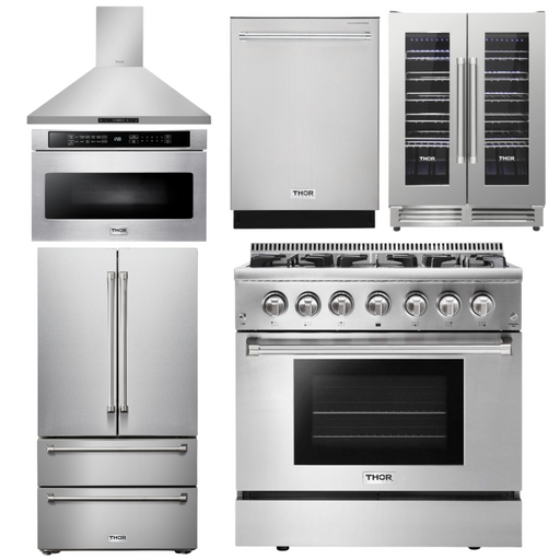 THOR Kitchen 36 in. Propane Gas Burner/Electric Oven Range, Range Hood, Microwave Drawer, Refrigerator, Dishwasher, Wine Cooler, AP-HRD3606ULP-8