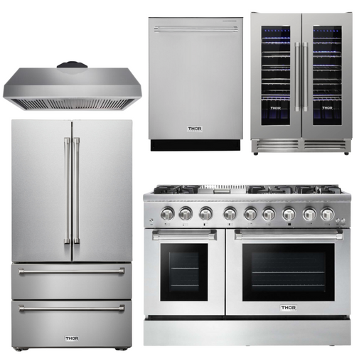 THOR Kitchen Package - 48 inch Dual Fuel Range, Range Hood, Refrigerator, Dishwasher, Wine Cooler, AP-HRD4803U-4