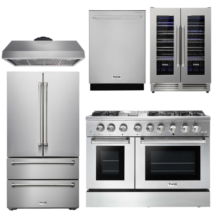 THOR Kitchen Package - 48 inch Dual Fuel Range, Range Hood, Refrigerator, Dishwasher, Wine Cooler, AP-HRD4803U-4