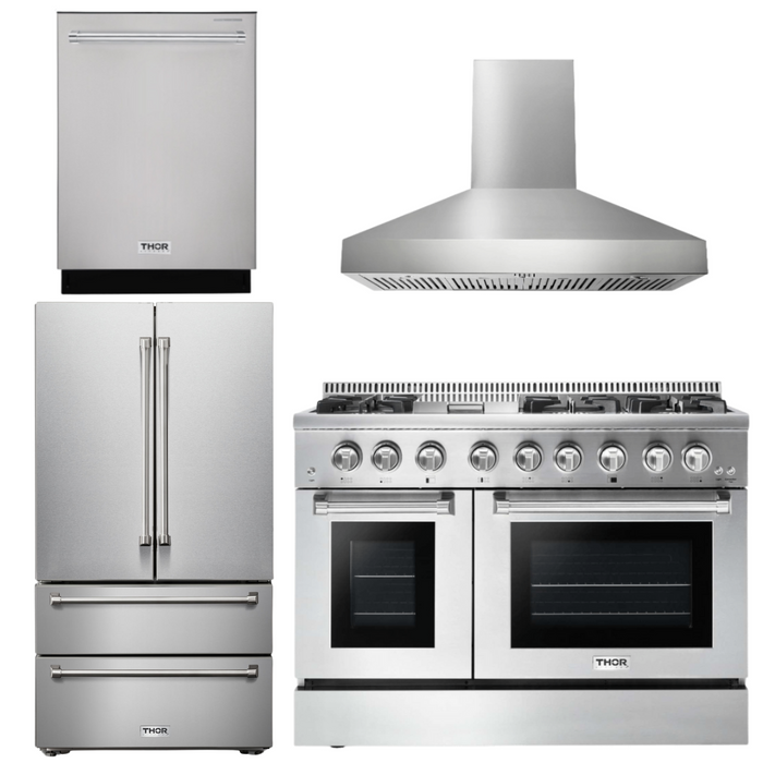 THOR Kitchen Package - 48" Gas Burner, Electric Oven Range, Range Hood, Refrigerator, Dishwasher, AP-HRD4803U-W-2