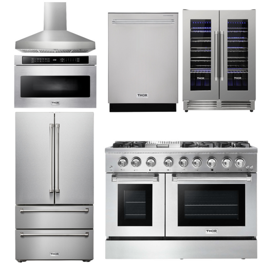 THOR Kitchen Package - 48" Dual Fuel Range, Range Hood, Refrigerator, Dishwasher, Microwave, Wine Cooler, AP-HRD4803U-W-6