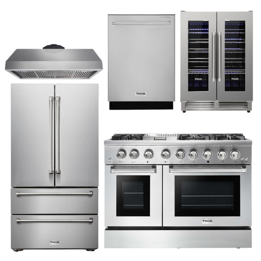 THOR Kitchen Package - 48 inch Dual Fuel Range, Range Hood, Refrigerator, Dishwasher, Wine Cooler, AP-HRD4803ULP-4