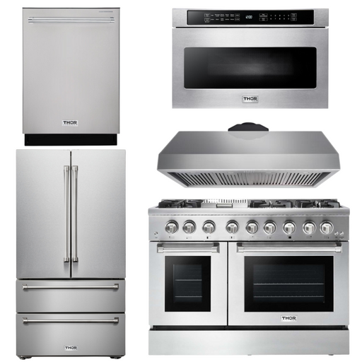 THOR Kitchen Package - 48" Propane Dual Fuel Range, Range Hood, Refrigerator, Dishwasher, Microwave, AP-HRD4803ULP-7