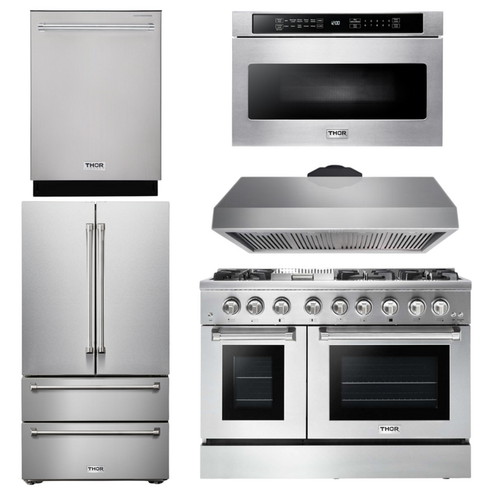 THOR Kitchen Package - 48" Propane Dual Fuel Range, Range Hood, Refrigerator, Dishwasher, Microwave, AP-HRD4803ULP-7