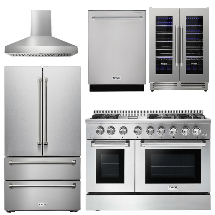 THOR Kitchen Package - 48" Dual Fuel Range, Range Hood, Refrigerator, Dishwasher, Wine Cooler, AP-HRD4803ULP-W-3