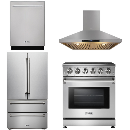 THOR Kitchen Package - Professional 30 inch Electric Range, Range Hood, Refrigerator, Dishwasher, AP-HRE3001-3