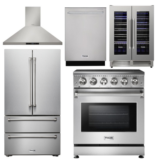 THOR Kitchen Package - 30 inch Electric Range, Range Hood, Refrigerator, Dishwasher, Wine Cooler, AP-HRE3001-4