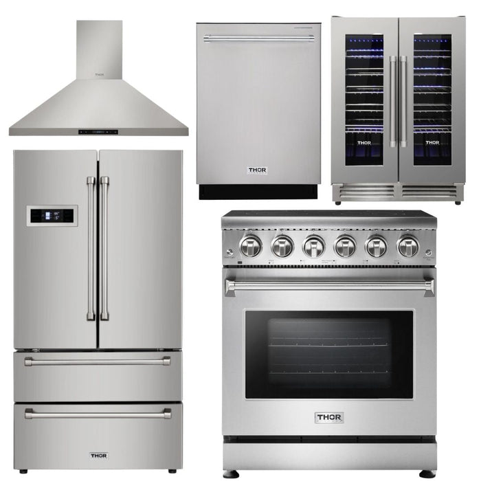 Thor Kitchen Package - 30 inch Electric Range, Range Hood, Refrigerator, Dishwasher, Wine Cooler, AP-HRE3001-4