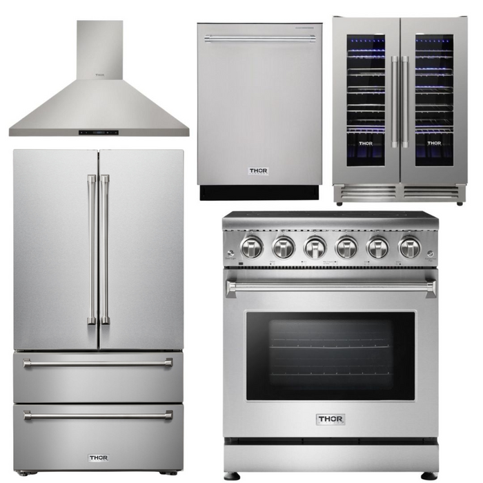 THOR Kitchen Package - 30 inch Electric Range, Range Hood, Refrigerator, Dishwasher, Wine Cooler, AP-HRE3001-4