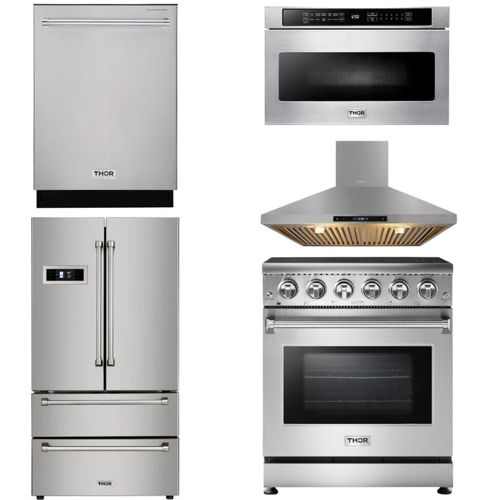 Thor Kitchen Package - 30 inch Electric Range, Range Hood, Microwave, Refrigerator, Dishwasher, AP-HRE3001-7