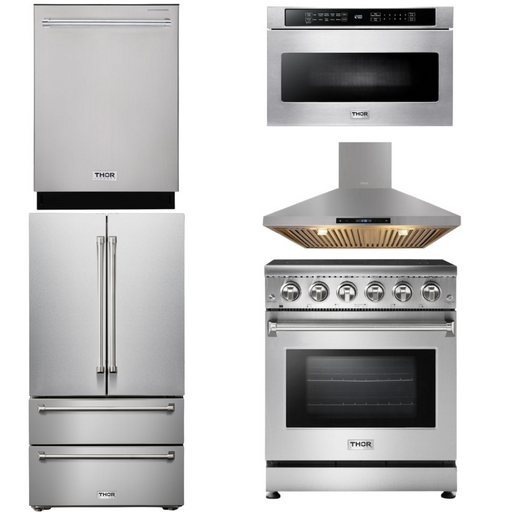THOR Kitchen Package - 30 inch Electric Range, Range Hood, Microwave, Refrigerator, Dishwasher, AP-HRE3001-7