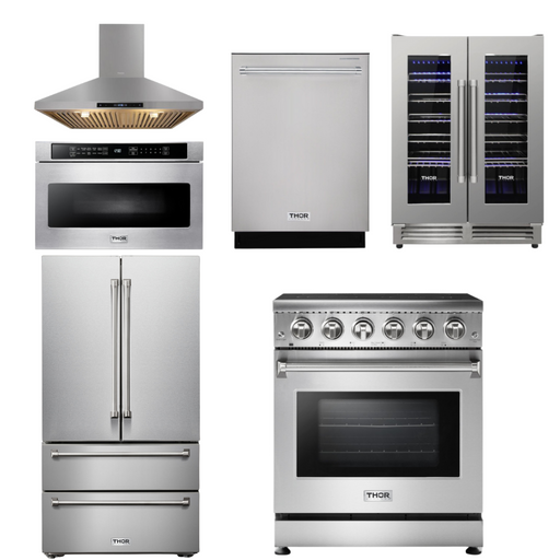 THOR Kitchen Package - 30 inch Electric Range, Range Hood, Microwave, Refrigerator, Dishwasher, Wine Cooler, AP-HRE3001-8