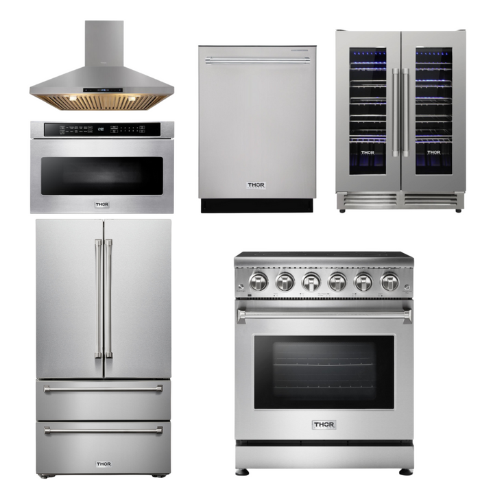 THOR Kitchen Package - 30 inch Electric Range, Range Hood, Microwave, Refrigerator, Dishwasher, Wine Cooler, AP-HRE3001-8