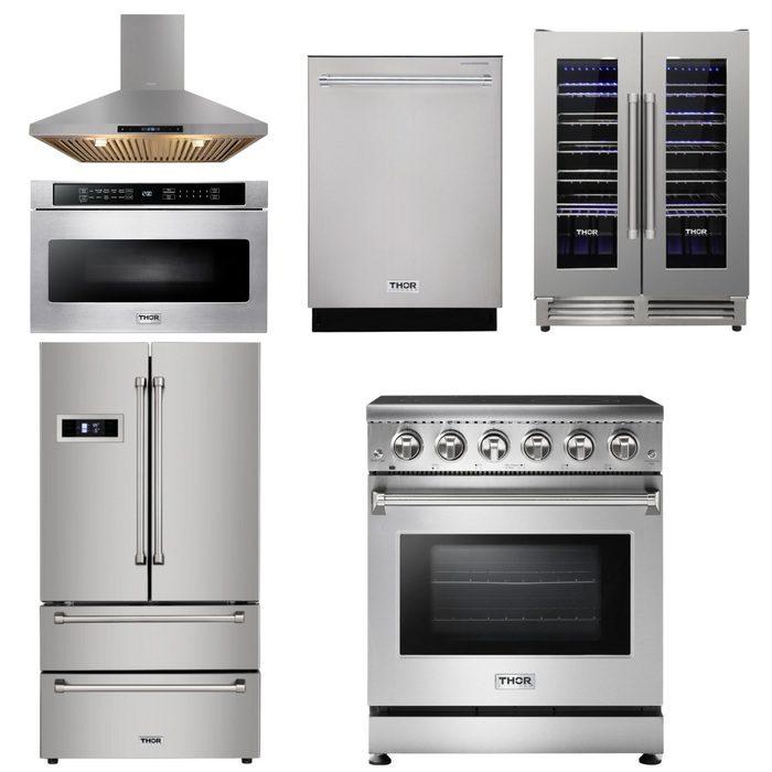 Thor Kitchen Package - 30 inch Electric Range, Range Hood, Microwave, Refrigerator, Dishwasher, Wine Cooler, AP-HRE3001-8