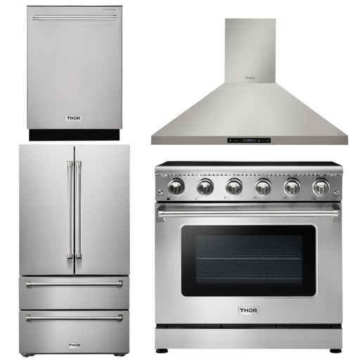 THOR Kitchen Package - 36" Electric Range, Range Hood, Refrigerator, Dishwasher, AP-HRE3601-3