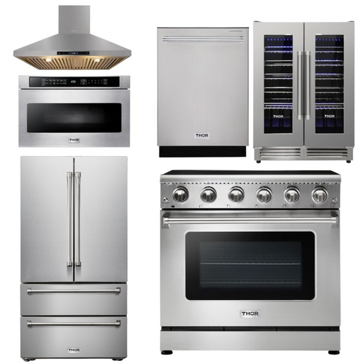 THOR Kitchen Package - 36" Electric Range, Range Hood, Microwave, Refrigerator, Dishwasher, Wine Cooler, AP-HRE3601-8