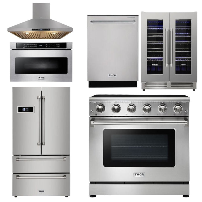 Thor Kitchen Package - 36" Electric Range, Range Hood, Microwave, Refrigerator, Dishwasher, Wine Cooler, AP-HRE3601-8