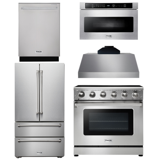 THOR Kitchen Package - 36" Electric Range, Range Hood, Microwave, Refrigerator, Dishwasher, AP-HRE3601-C-5