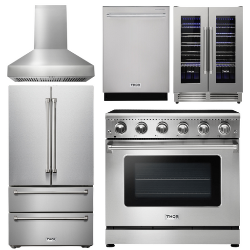 THOR Kitchen Package - 36" Electric Range, Range Hood, Microwave, Refrigerator, Dishwasher, AP-HRE3601-W-5