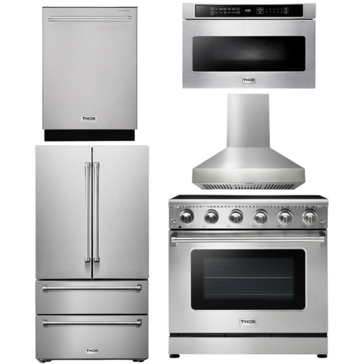 THOR Kitchen Package - 36" Electric Range, Range Hood, Microwave, Refrigerator, Dishwasher, AP-HRE3601-W-5