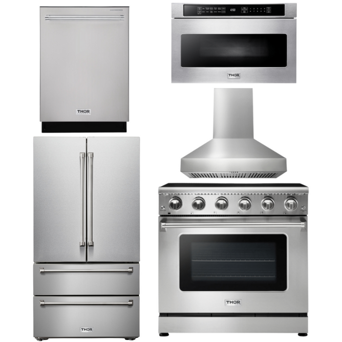 THOR Kitchen Package - 36" Electric Range, Range Hood, Microwave, Refrigerator, Dishwasher, Wine Cooler, AP-HRE3601-W-6