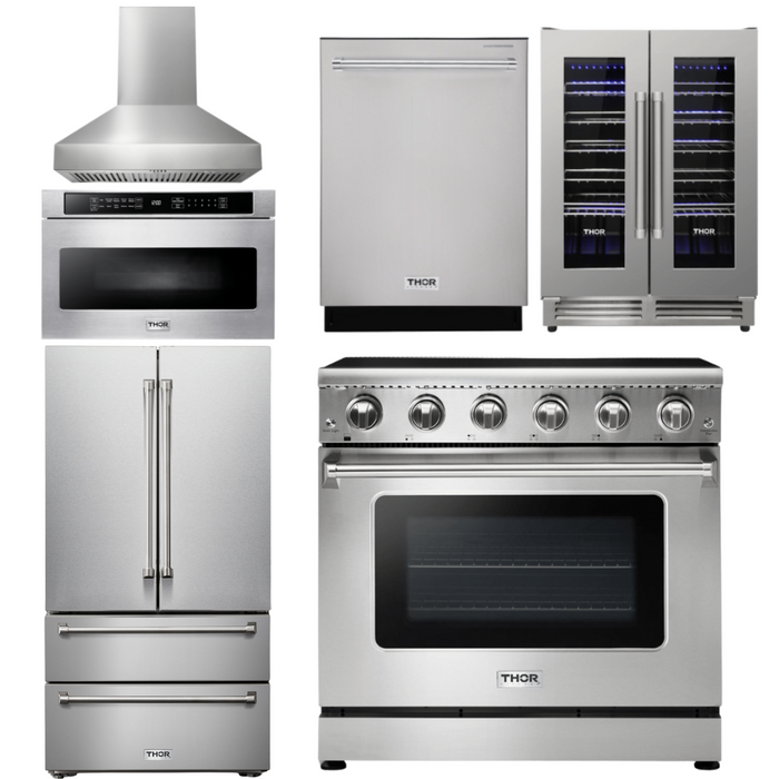 THOR Kitchen Package - 36" Electric Range, Range Hood, Microwave, Refrigerator, Dishwasher, Wine Cooler, AP-HRE3601-W-6