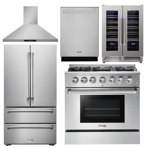 THOR Kitchen Package - 36" Gas Range, Range Hood, Refrigerator, Dishwasher & Wine Cooler, AP-HRG3618U-4