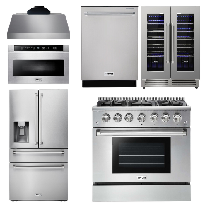 THOR Kitchen Package - 36" Gas Range, Range Hood, Microwave, Refrigerator with Water and Ice Dispenser, Dishwasher, Wine Cooler, AP-HRG3618U-C-10
