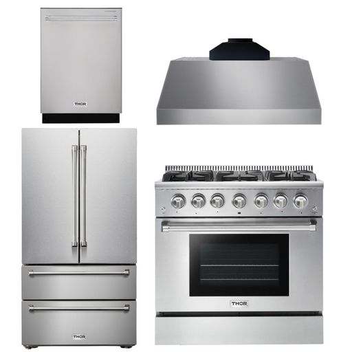 THOR Kitchen Package - 36" Gas Range, Range Hood, Refrigerator, Dishwasher, AP-HRG3618U-C-2